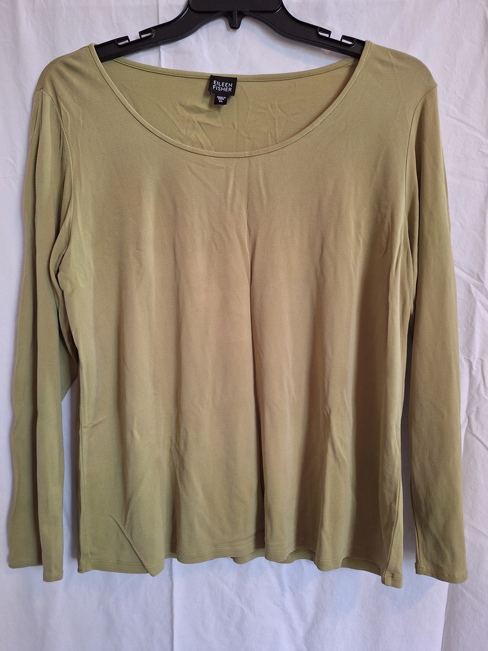 Eileen Fisher Green 100% Silk Top Boat Neck Long Sleeve Sz XL